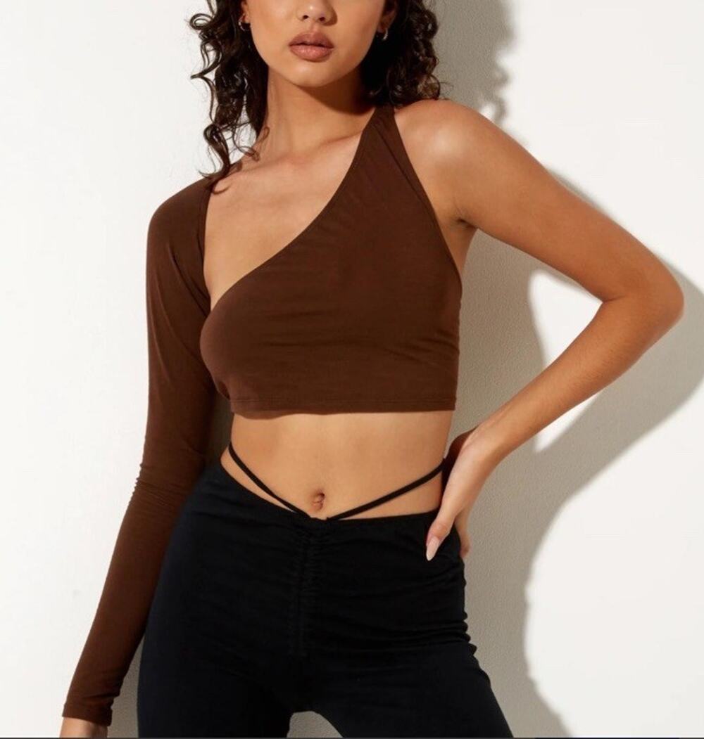 Motel Brown Asymmetrical One Shoulder Long Sleeve Crop Top Size Small